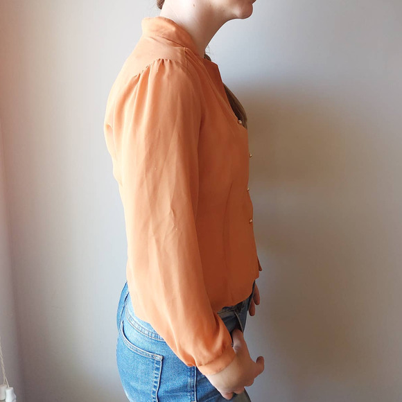 Vintage 50s/60s Orange Sheer Pearl Button-Up Pleated Shirt - Picture 7 of 16